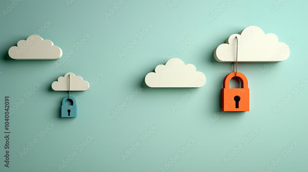 Poster secure cloud storage with padlocks symbolizes data protection and privacy. image features clouds and