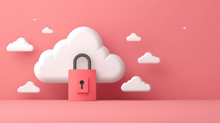 secure padlock symbolizing cloud security is set against soft pink background with fluffy clouds. This conveys sense of safety and protection in digital realm