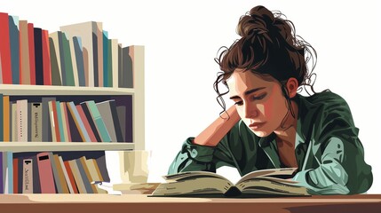 Young Woman Reading Book in a Library