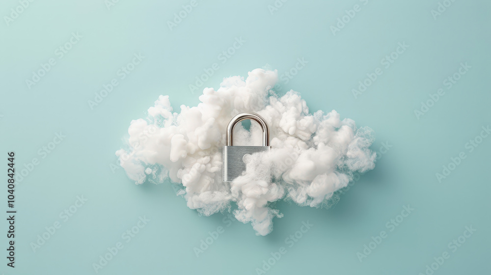 Poster secure padlock surrounded by fluffy clouds symbolizes cloud security and data protection. this conve