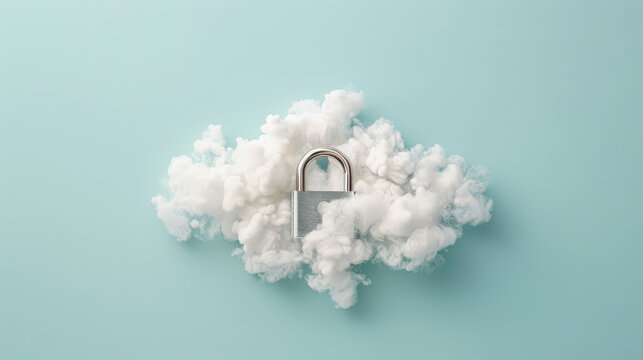 Secure padlock surrounded by fluffy clouds symbolizes cloud security and data protection. This conveys sense of safety and reliability in digital environments