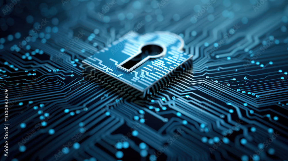 Poster digital lock icon is prominently displayed on circuit board background, symbolizing cloud security s