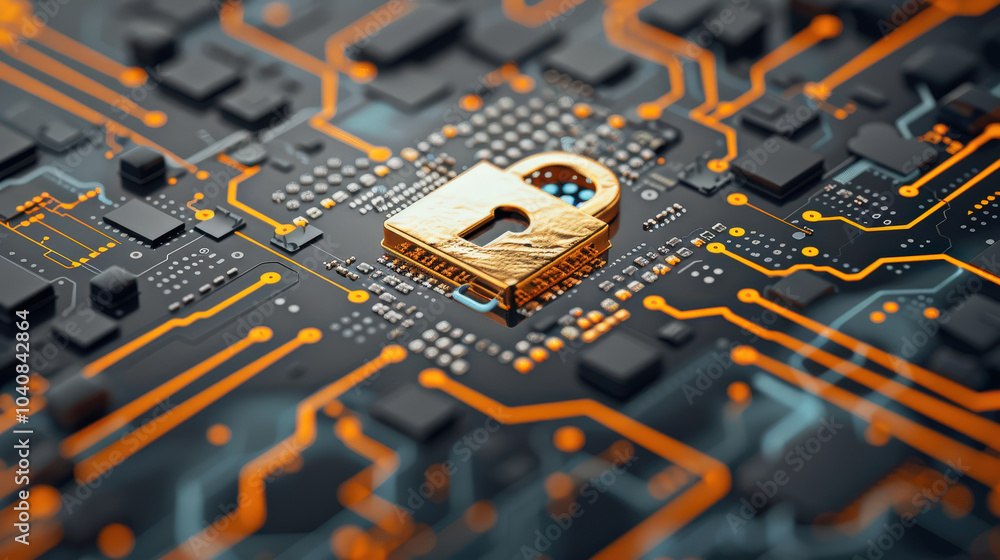 Poster close up view of digital circuit board featuring golden padlock symbolizing security and protection 