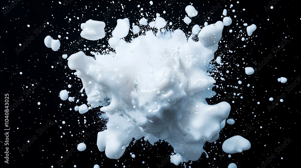 Poster the image shows a white liquid splashing against a black background and creating a dynamic, abstract