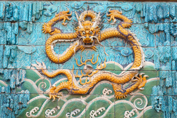 Chinese glazed tile dragon sculpture，Kowloon Wall in Beihai Park, China，The nine dragon walls of beihai park