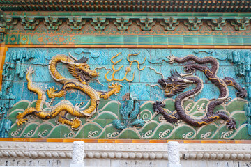 Chinese glazed tile dragon sculpture，Kowloon Wall in Beihai Park, China，The nine dragon walls of beihai park