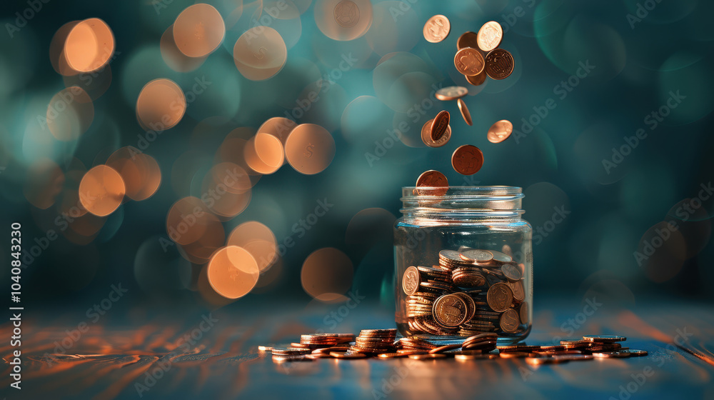 Poster falling coins create mesmerizing scene as they drop into jar filled with more coins, symbolizing fin