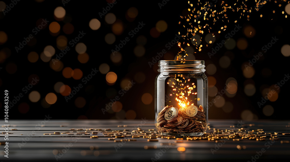Aufkleber coins falling into jar create mesmerizing display of light and motion, symbolizing wealth and prospe