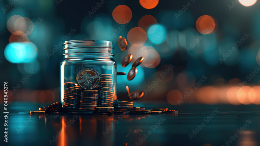 Poster coins falling into jar with glowing bitcoin symbol create captivating scene of financial growth and 