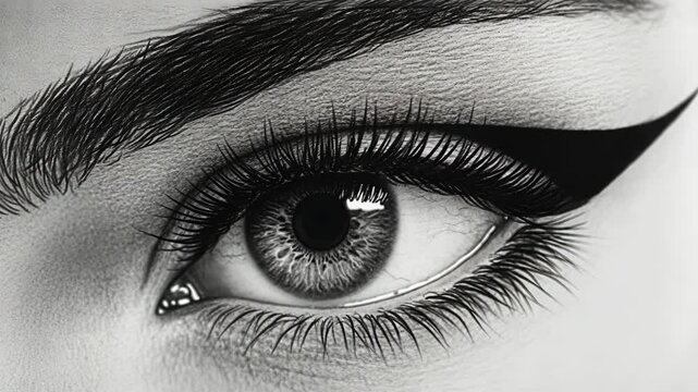 A close-up of a woman's eye with thick eyeliner and long eyelashes