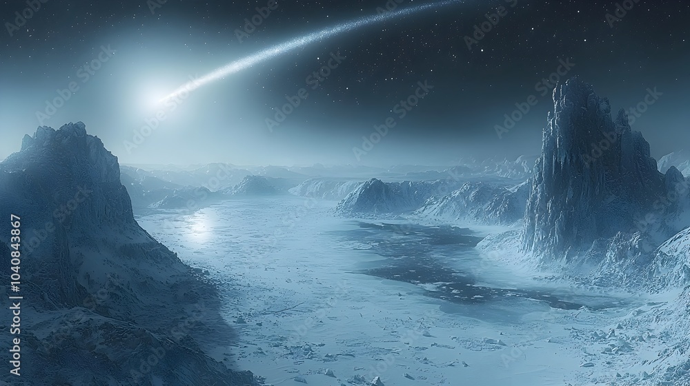 Poster captivating comet streaking across frozen lake its tail reflecting on the icy surface creating a mag