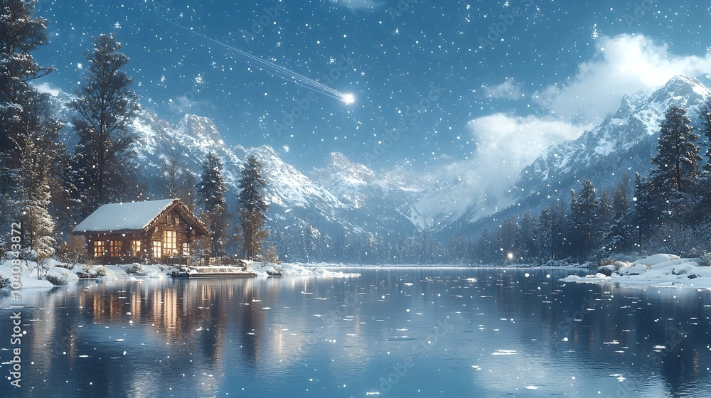 Poster Stunning photography of a comet soaring above a frozen lake its magnificent tail reflecting on the icy surface creating a captivating and serene winter scene with a cosmic atmosphere