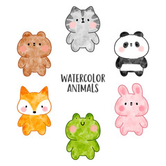 Obraz premium Cute watercolor vector animals set with kitten, frog, fox, teddy bear, panda, bunny.