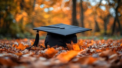 Closeup of a black graduation cap in focus with a blurred background representing the successful completion of an academic program and the pride of earning a degree or diploma