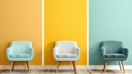 Obraz premium stylish interior featuring three pastel colored chairs against vibrant yellow and teal walls creates cheerful and inviting atmosphere