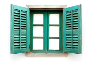 Obraz premium open window with green wooden shutters on white background