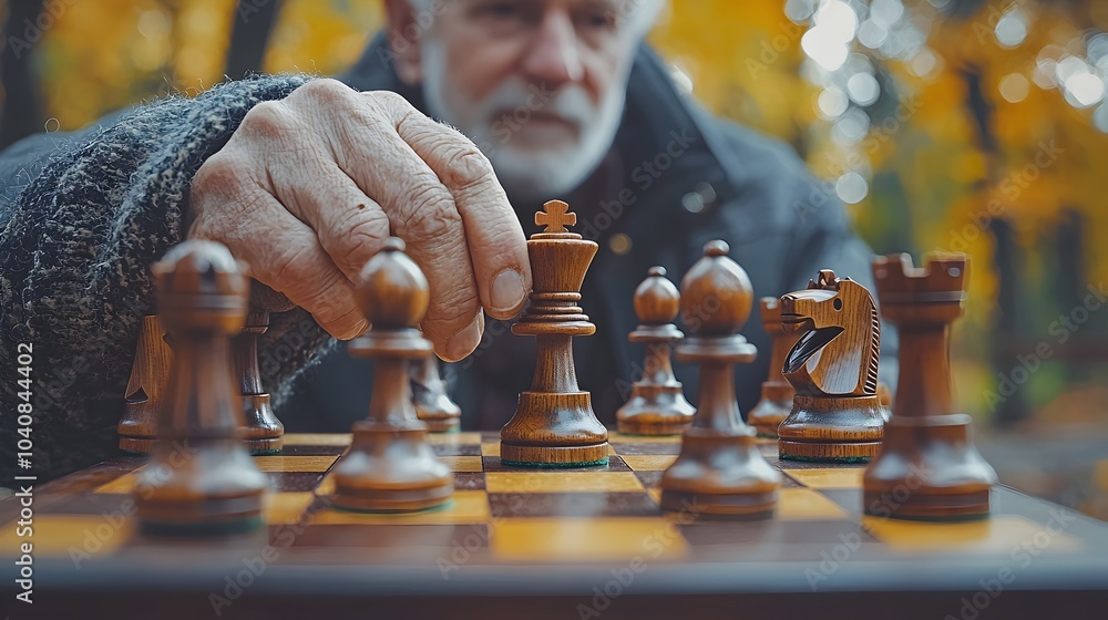 Poster elderly couple engaged in a friendly game of chess in a serene park setting surrounded by lush green