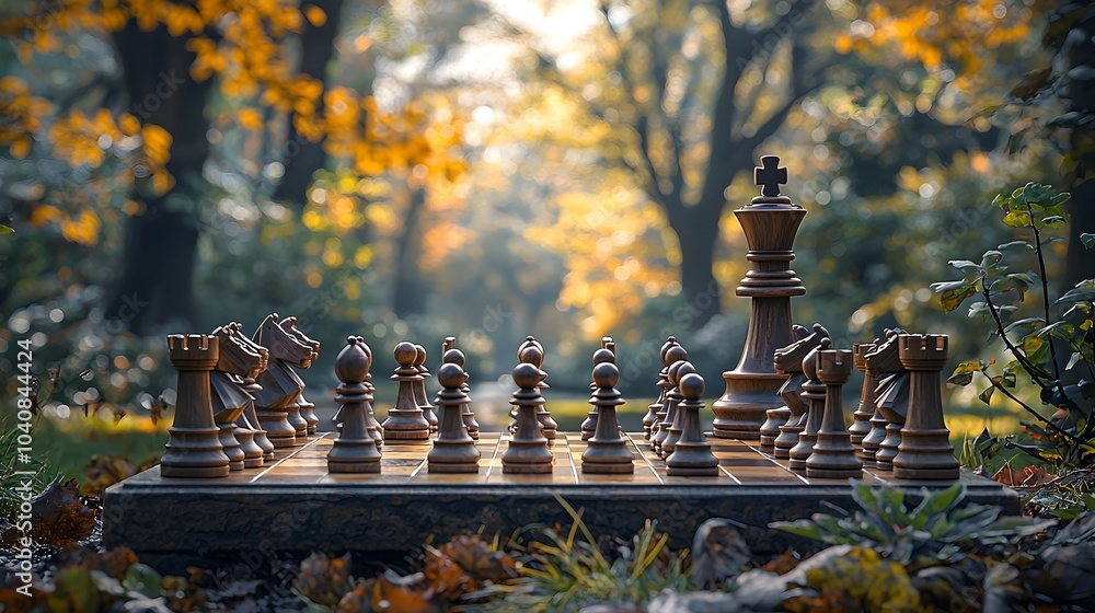 Poster elderly friends engaged in a friendly game of chess on a wooden chessboard set up in a tranquil park