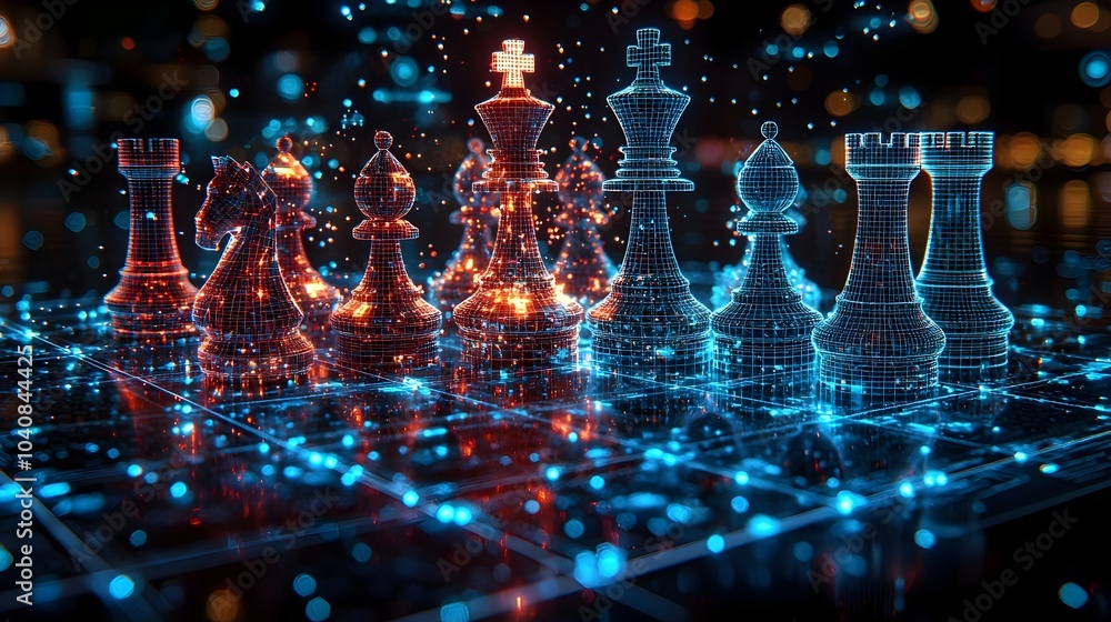 Poster a photography of a chessboard with futuristic digital chess pieces projected in 3d holograms represe