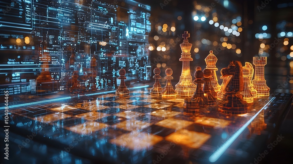 Poster futuristic 3d holographic chessboard with digital chess pieces projected in a modern take on the cla