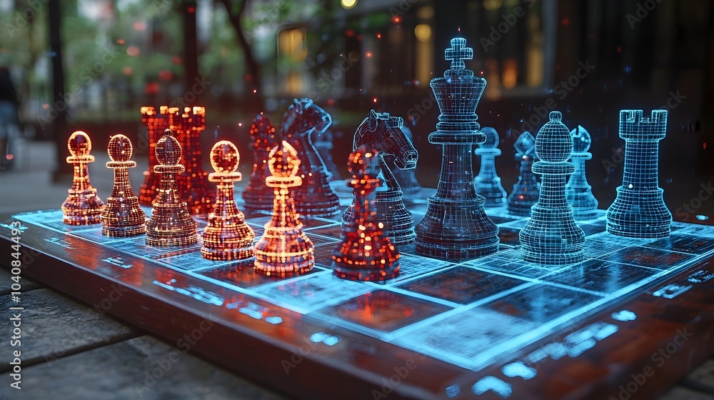 Poster a captivating image of a chessboard with futuristic digital 3d holographic chess pieces representing