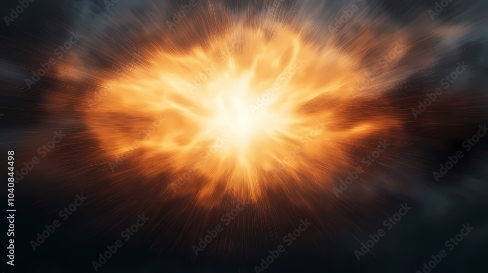 Poster the image shows a bright orange explosion with a blindingly white center and thin dark lines radiati