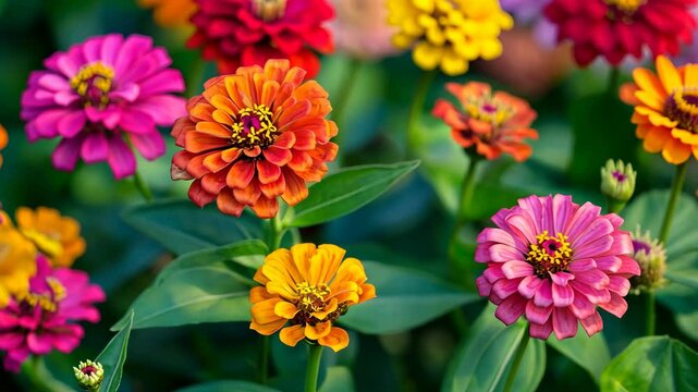 Colorful zinnias bloom in a garden on a sunny day
