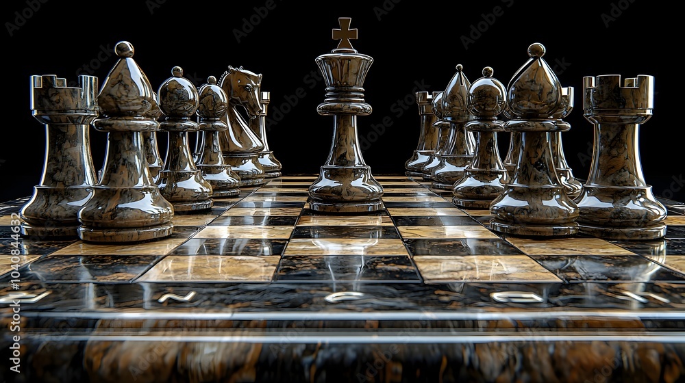 Poster closeup of a chessboard at the final stages of a chess game with the checkmate position clearly visi