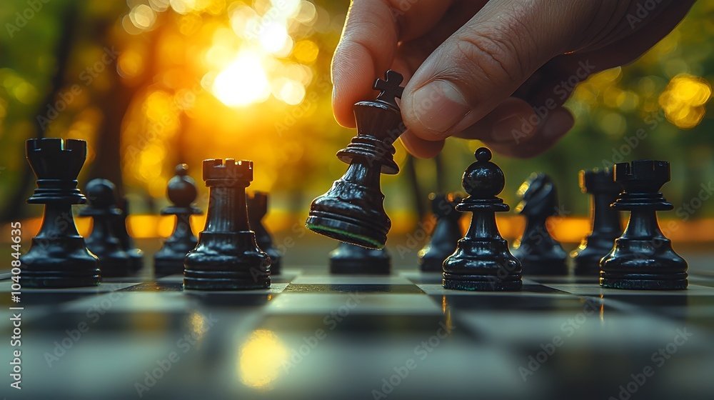 Poster close up shot of a hand strategically moving a chess queen on the board with the other pieces blurre