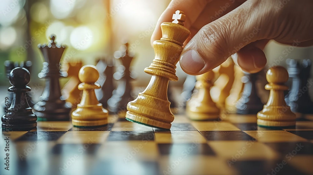 Poster close up shot of a hand moving a chess queen on a blurred chessboard symbolizing a strategic move an