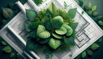 Blueprints surrounded by greenery symbolize eco-friendly construction and sustainable building