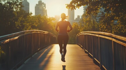 Athletic Woman Working Out. Jogging across a bridge. Trees, Sun and city can be seen in the background. 