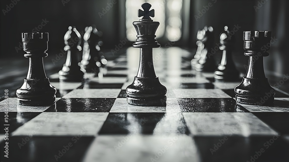 Poster a photography of a chessboard in a dramatic black and white setup with shadows highlighting key ches