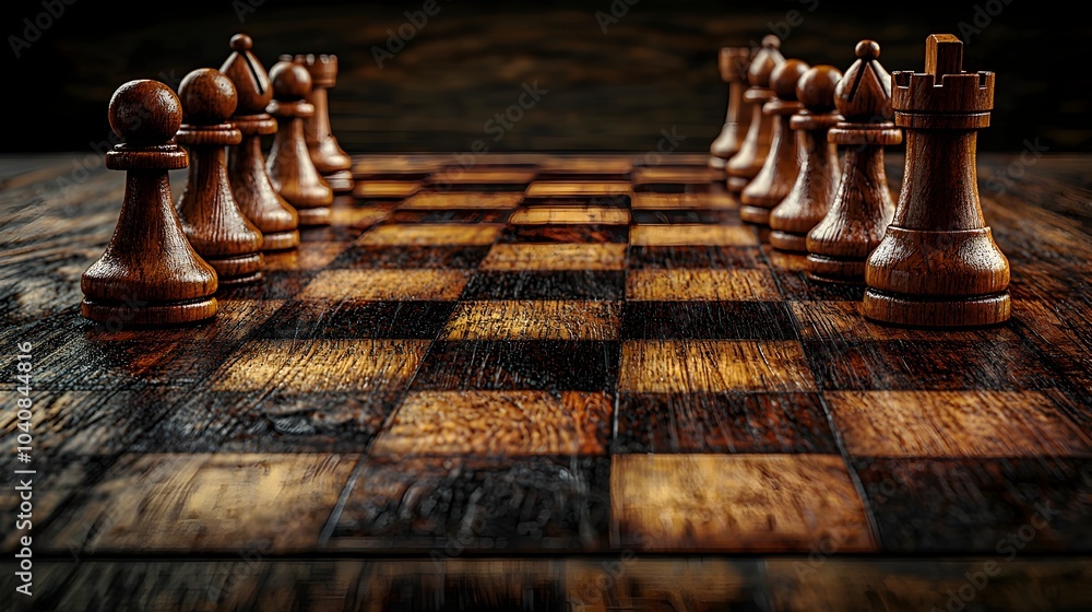 Poster intense mid game chess board setup highlighting a strategic move with the chess pieces in action aga
