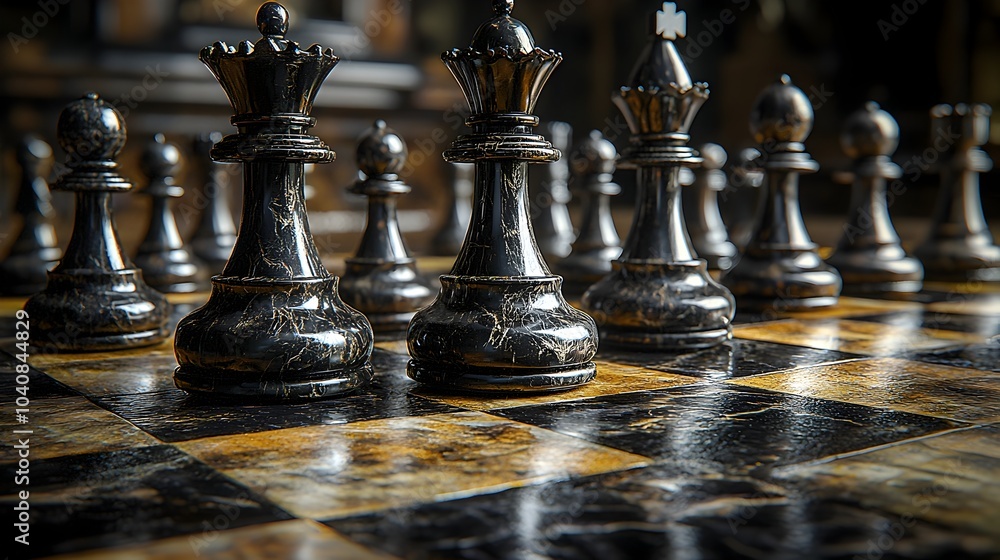 Poster intense mid game chess setup featuring strategic piece placement and movement highlighting the chall