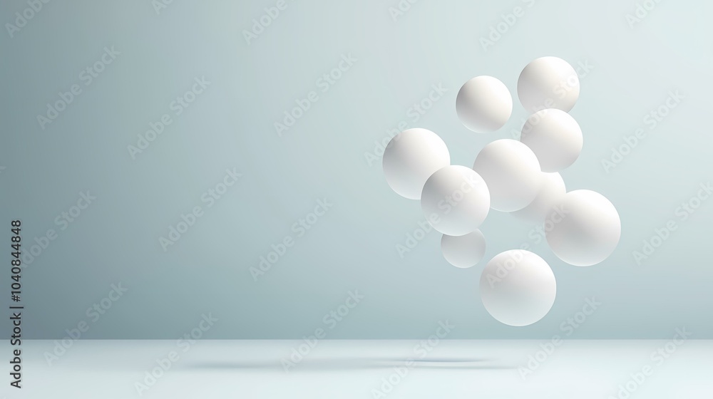 Poster there are multiple white spheres floating in mid-air against a light blue background. the spheres ar