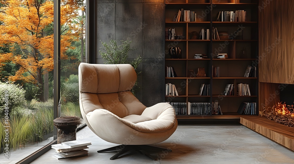 Poster cozy and minimalist modern reading room featuring a simple yet stylish reading chair a large bookshe