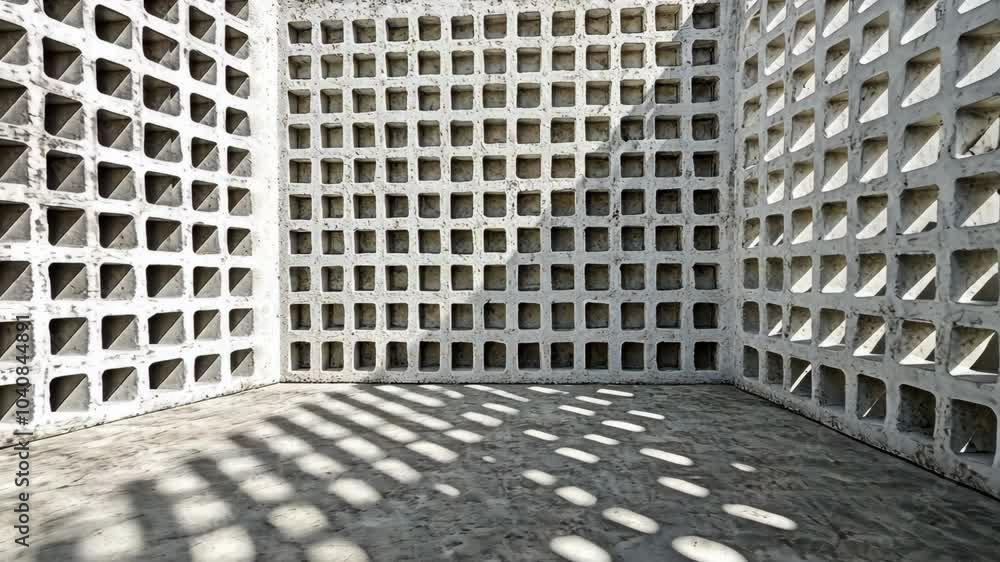 Poster sunlight streams through a grid of square openings in a concrete wall, casting long shadows on the f