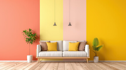 stylish sofa in vibrant room with pastel coral, yellow, and pink walls creates cheerful atmosphere. plants add touch of nature, enhancing cozy feel