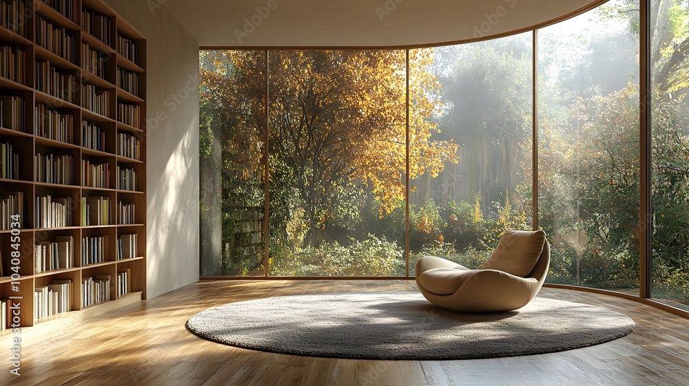 Poster a tranquil and inviting minimalist reading room featuring floor to ceiling built in bookshelves and 