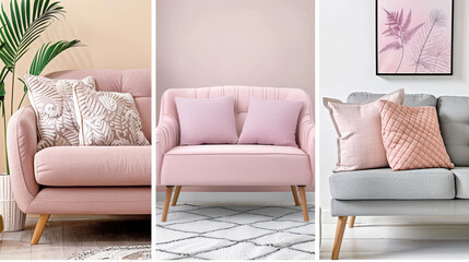 stylish collage of pastel lavender sofas featuring elegant designs and soft textures, perfect for modern interiors. soothing colors create calming atmosphere