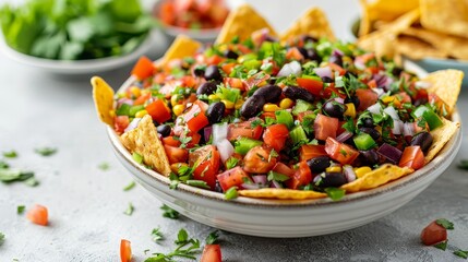 Layer dip and tortilla chip in white table background 