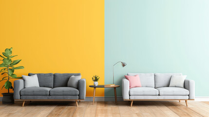 stylish interior featuring pastel lavender sofas against vibrant yellow and soft blue walls, creating cheerful and inviting atmosphere. arrangement includes small table and plant, enhancing cozy