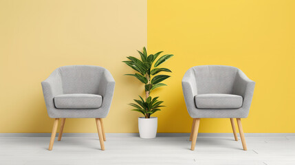 Fototapeta premium Cozy gray armchairs are positioned against vibrant yellow wall, complemented by lush green plant in white pot, creating cheerful and inviting atmosphere