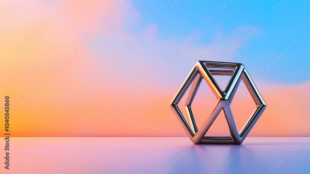 Aufkleber a shiny silver geometric shape sits on a flat surface with a gradient background of pink and blue.