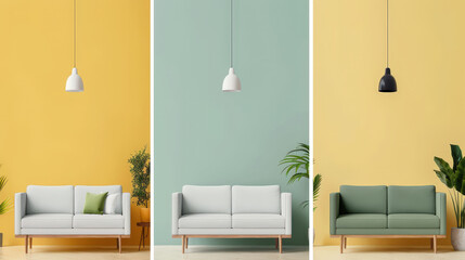 stylish arrangement of pastel sofas against vibrant walls creates modern and inviting atmosphere. combination of mint green and yellow enhances overall aesthetic appeal