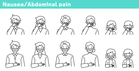 風邪・インフルエンザ・腹痛・吐き気等体調不良三世帯（祖父母親子パパママ子供）イラスト