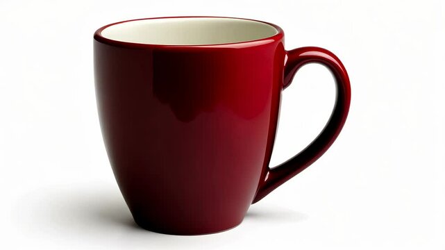 A red ceramic mug sits on a white surface