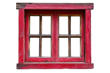 Obraz premium Wooden window frame isolated on white. Empty copy space rustic cottage house. Red paint window background. Vintage cabin construction. Countryside architecture texture. Window frame cutout