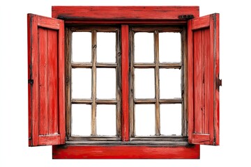 Obraz premium Wooden window frame isolated on white. Empty copy space rustic cottage house. Red paint window background. Vintage cabin construction. Countryside architecture texture. Window frame cutout